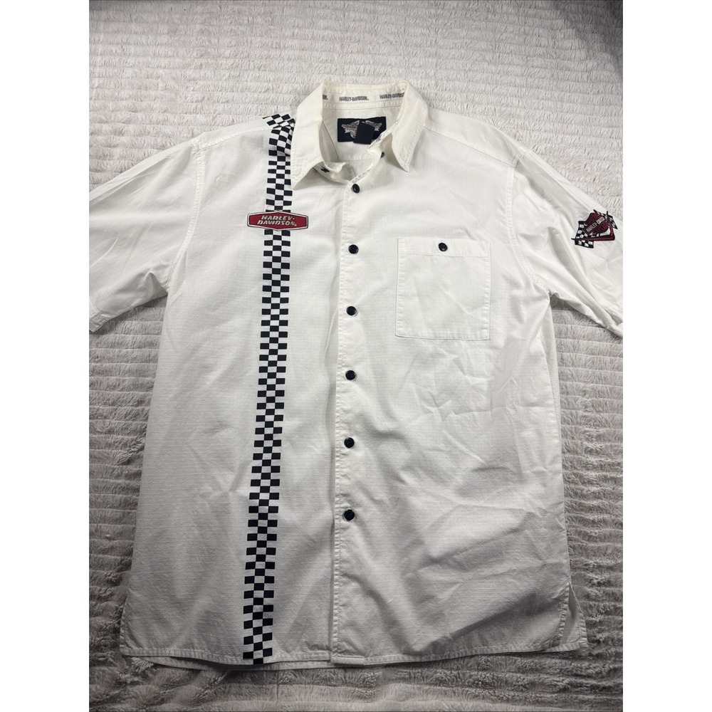 Harley-Davidson Racing Shirt Medium White Checkered Flag Button Up 2005 Vintage